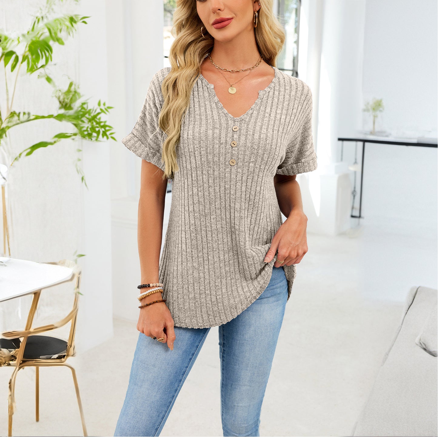 Ribbed Knit Tunic Top Button V Neck Tee