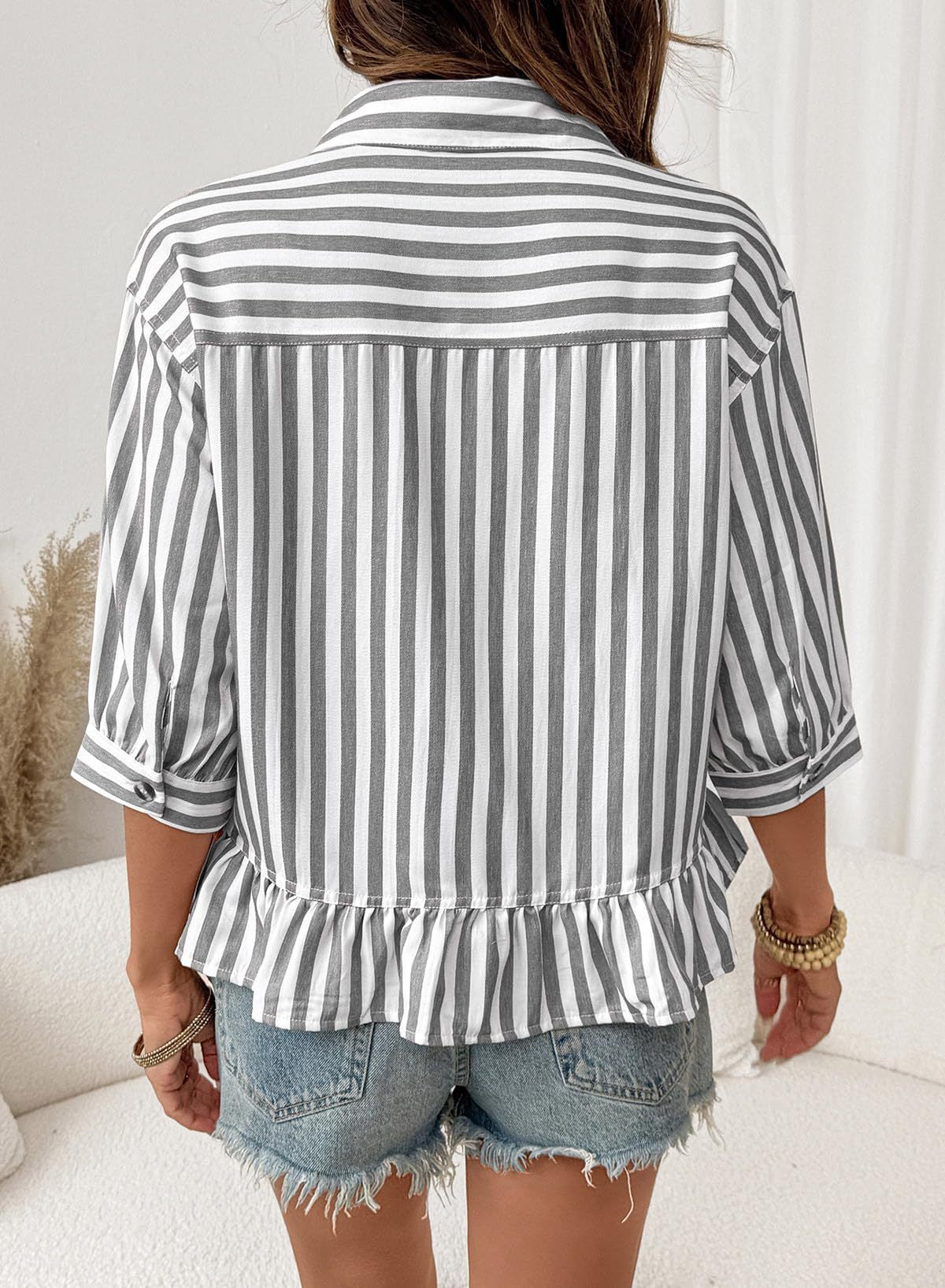 Womens Striped Button Down Ruffle Hem Blouse 3/4 Sleeve
