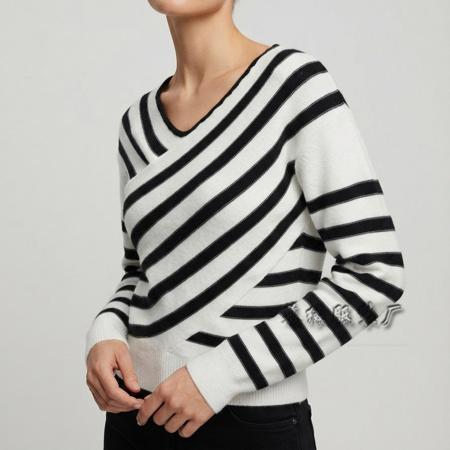 Women Striped Off Shoulder Sweater Asymmetric Knit Top