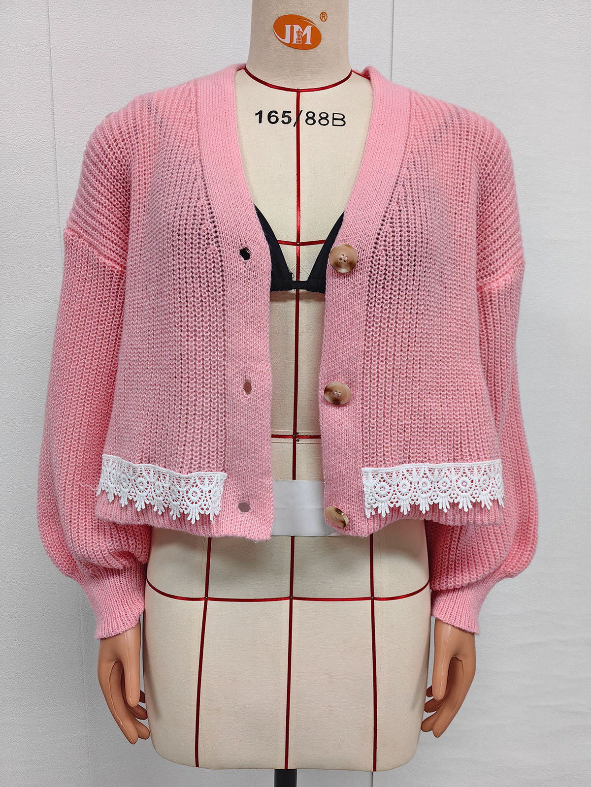 Womens Chunky Knit Lace Trim Cropped Cardigan