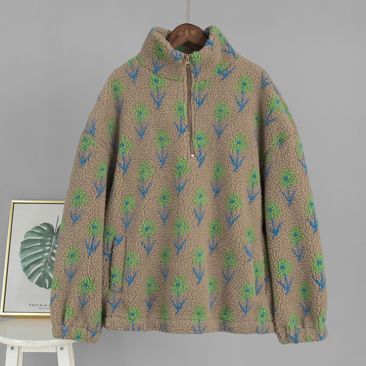 Floral Sherpa Fleece Half-Zip Pullover, Oversized