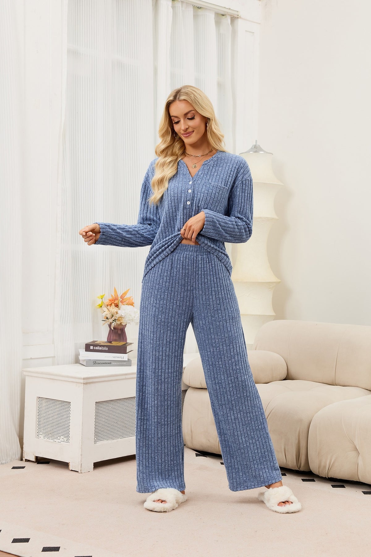Women's Ribbed Knit Lounge Set Button Front Top & Pants