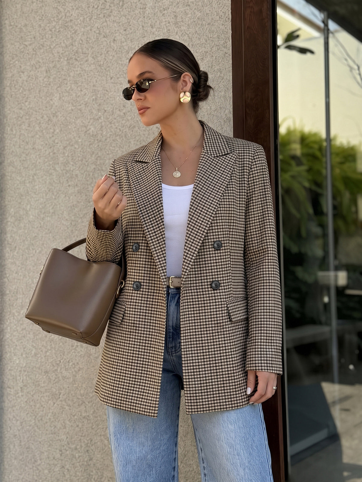 Women's Oversized Houndstooth Double Breasted Blazer