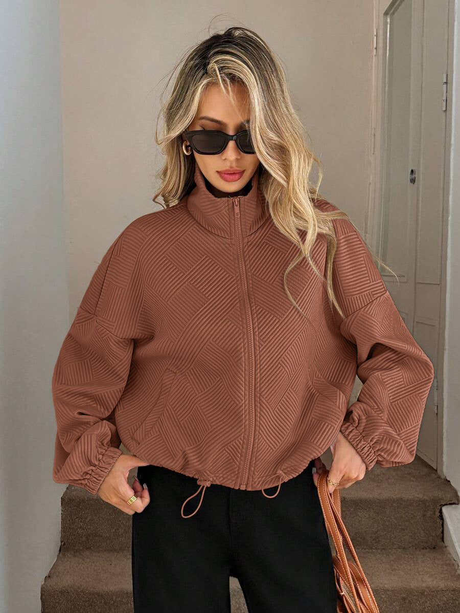 Textured Polyester Jacket Casual Bomber Oversized Zip Up