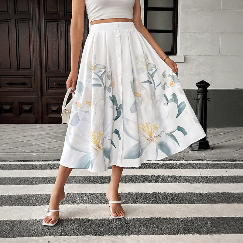 Floral Skirt Midi Button Front A-Line