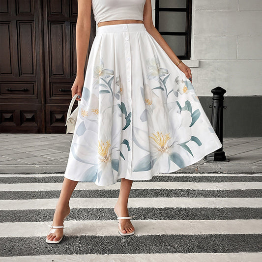 Floral Skirt Midi Button Front A-Line