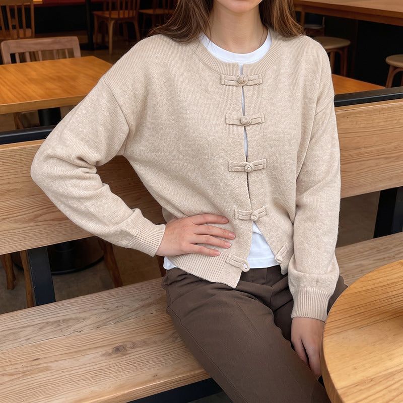 Frog Button Crew Neck Knit Cardigan Sweater