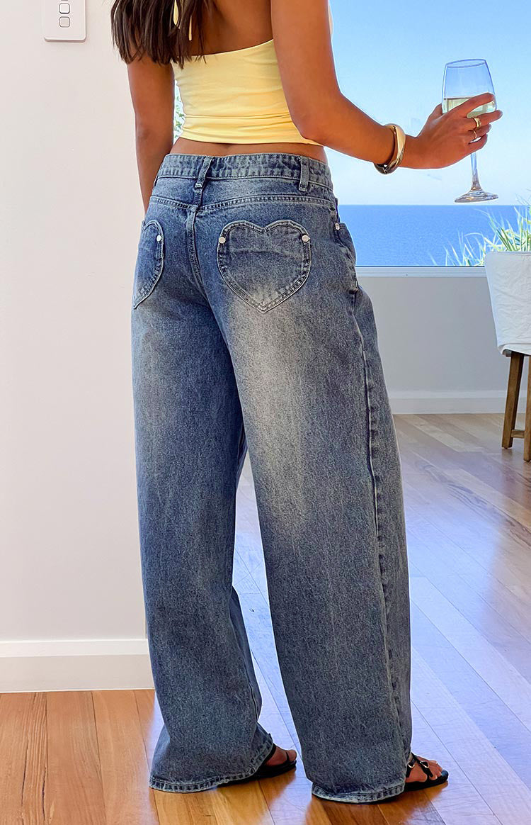Washed Denim Jeans Vintage Mid Rise Baggy Wide Leg
