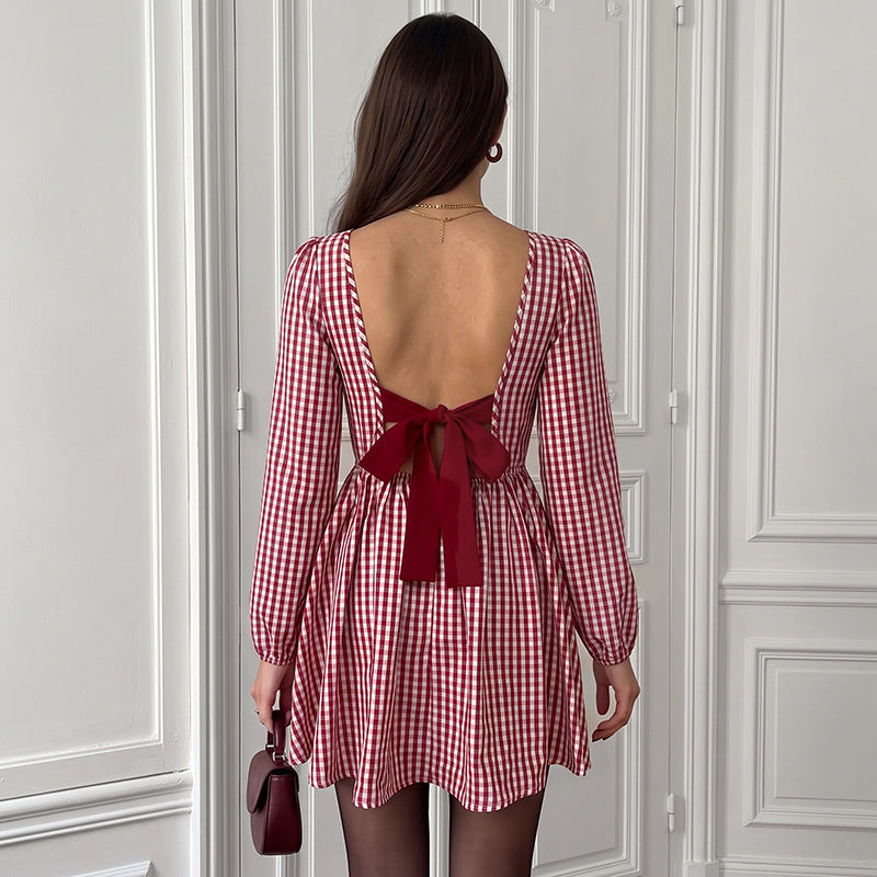 Gingham Bow Mini Dress Long Sleeve Sweet French Style