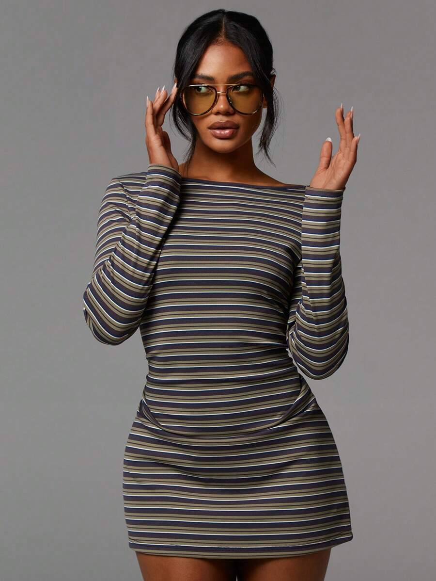 Striped Ribbed Mini Dress Boat Neck Long Sleeve Trendy Fit