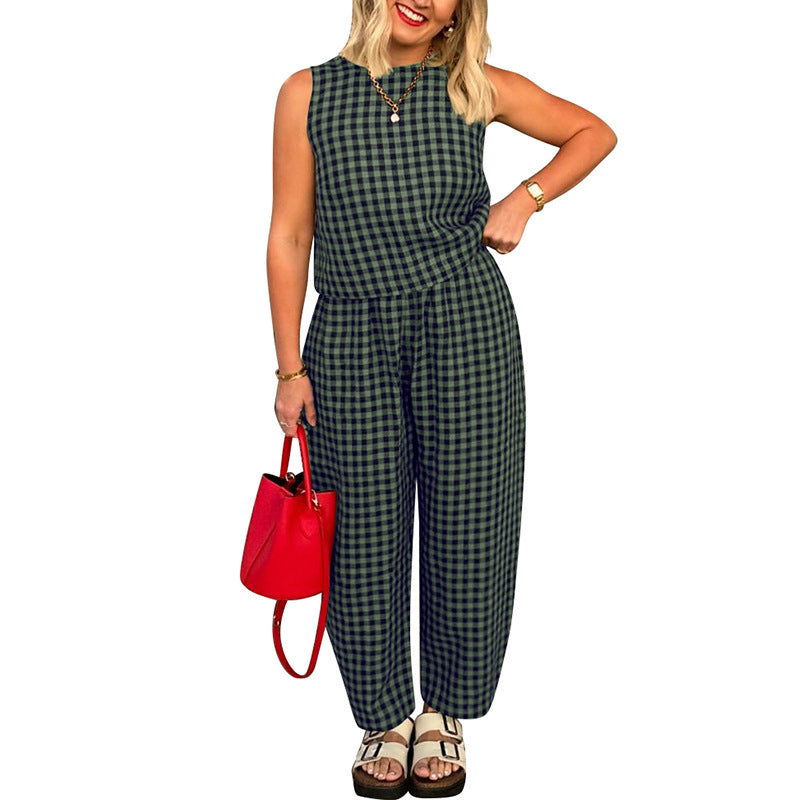 Women's Plaid Sleeveless Top & Pants Two Piece Set