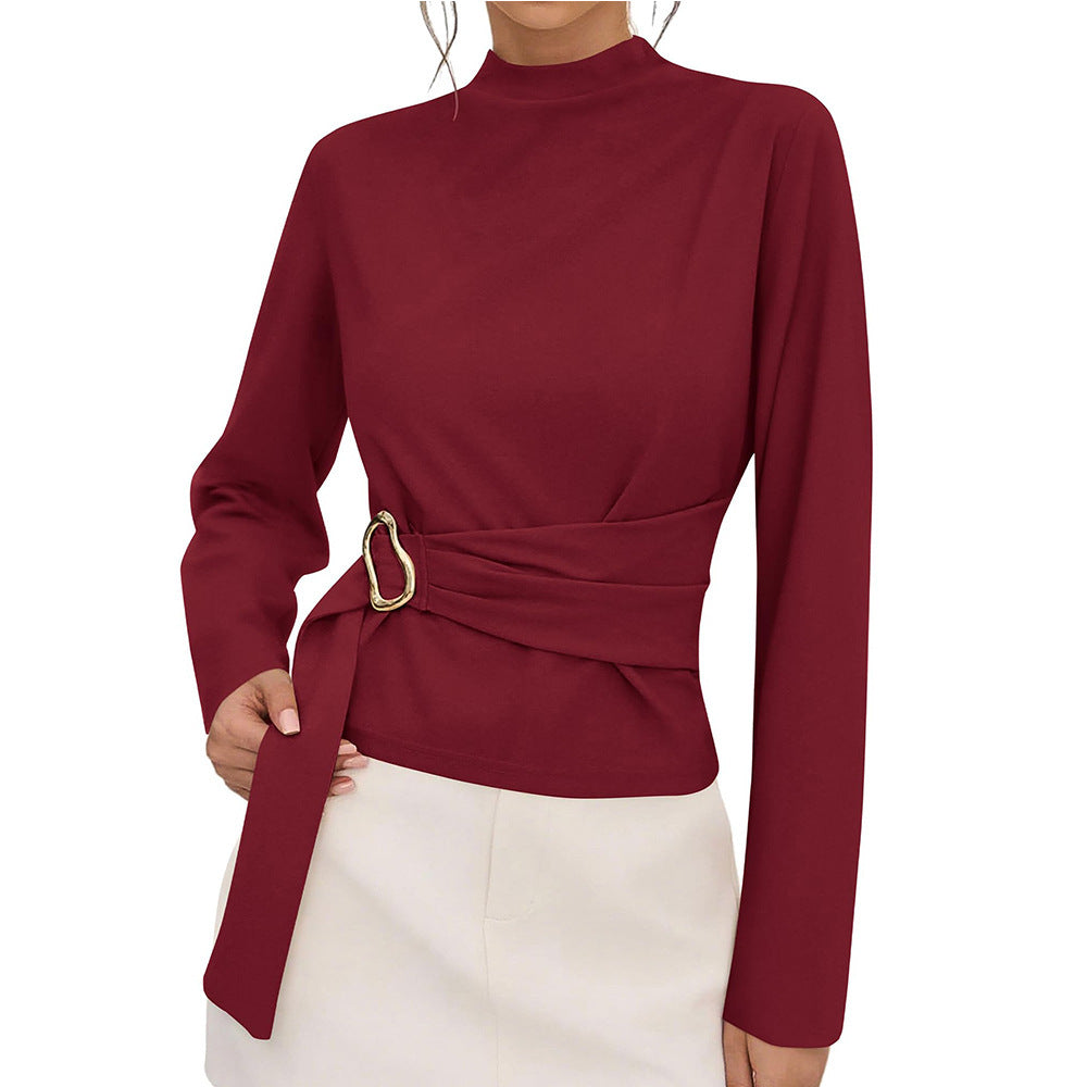 Solid Ponte Top Mock Neck Blouse Belted Slim Fit Elegant