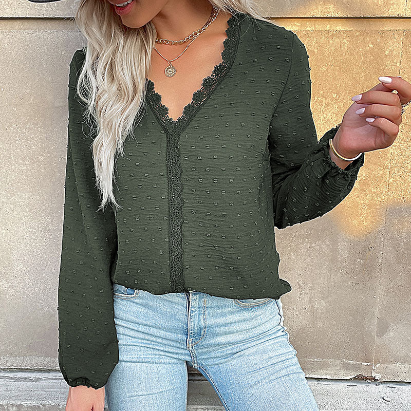 Fall V Neck Long Sleeve Solid Blouse with Lace Trim