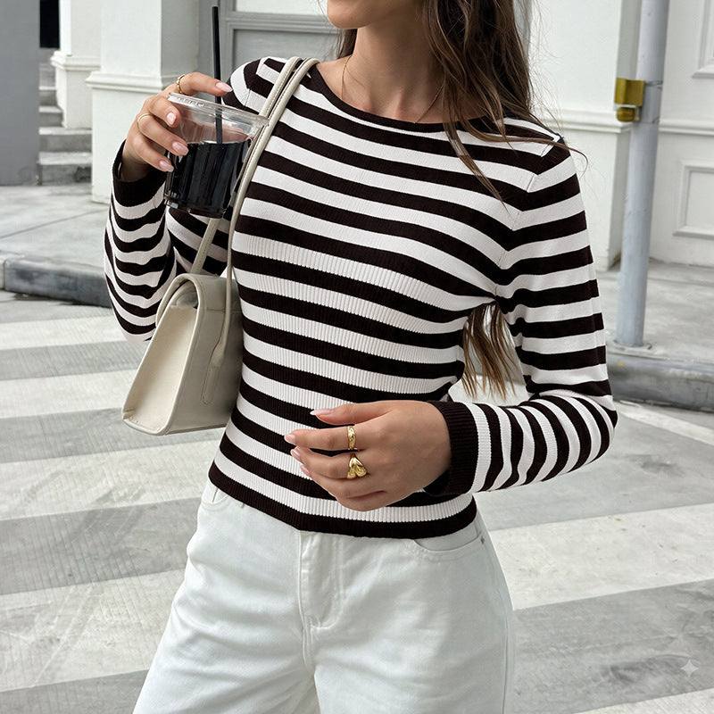 Striped Boat Neck Knit Sweater Long Sleeve Fitted Top