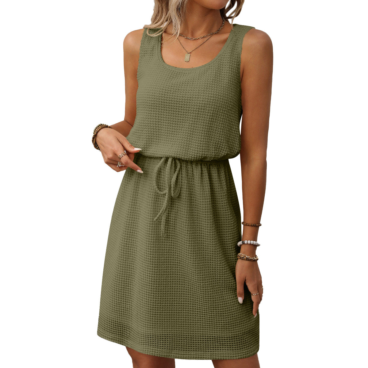 Textured Sleeveless Drawstring Waist Mini Dress Lined