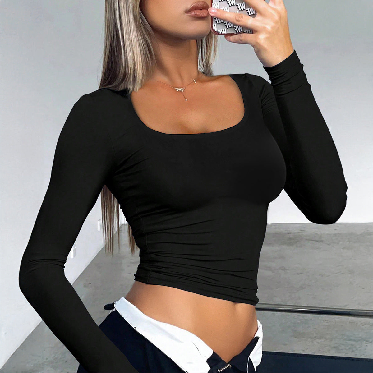 Slim Solid Color U Neck Long Sleeve Women's Top
