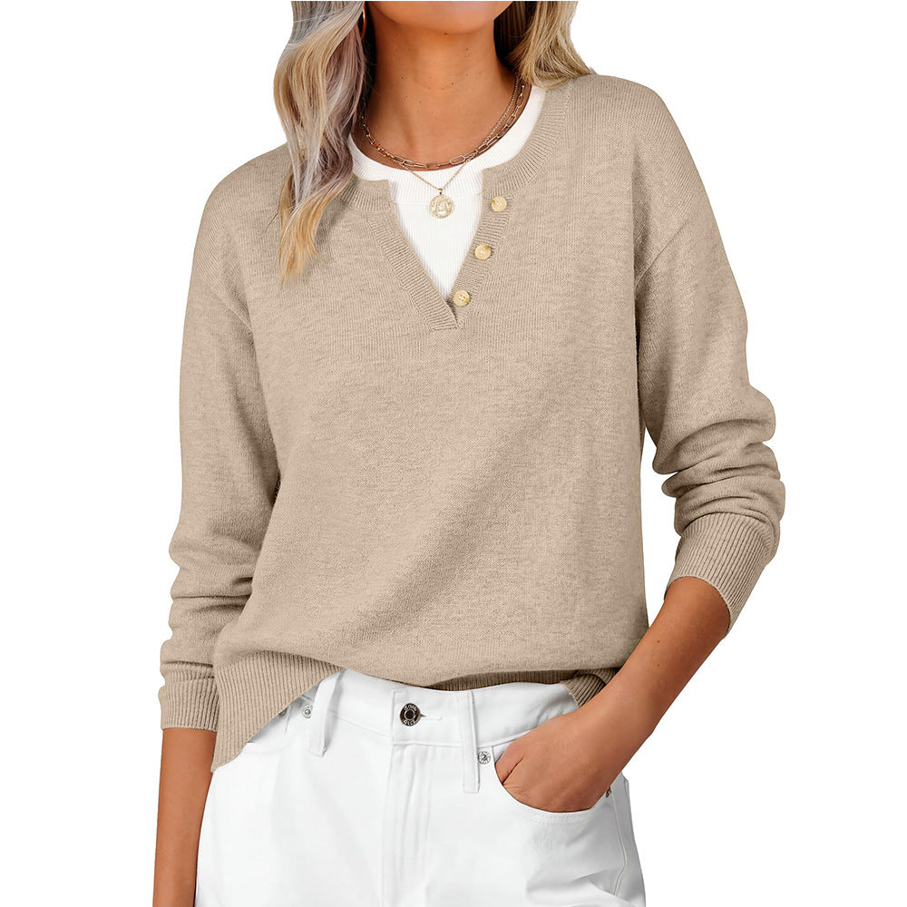 V Neck Button Contrast Knit Sweater Old Money Style