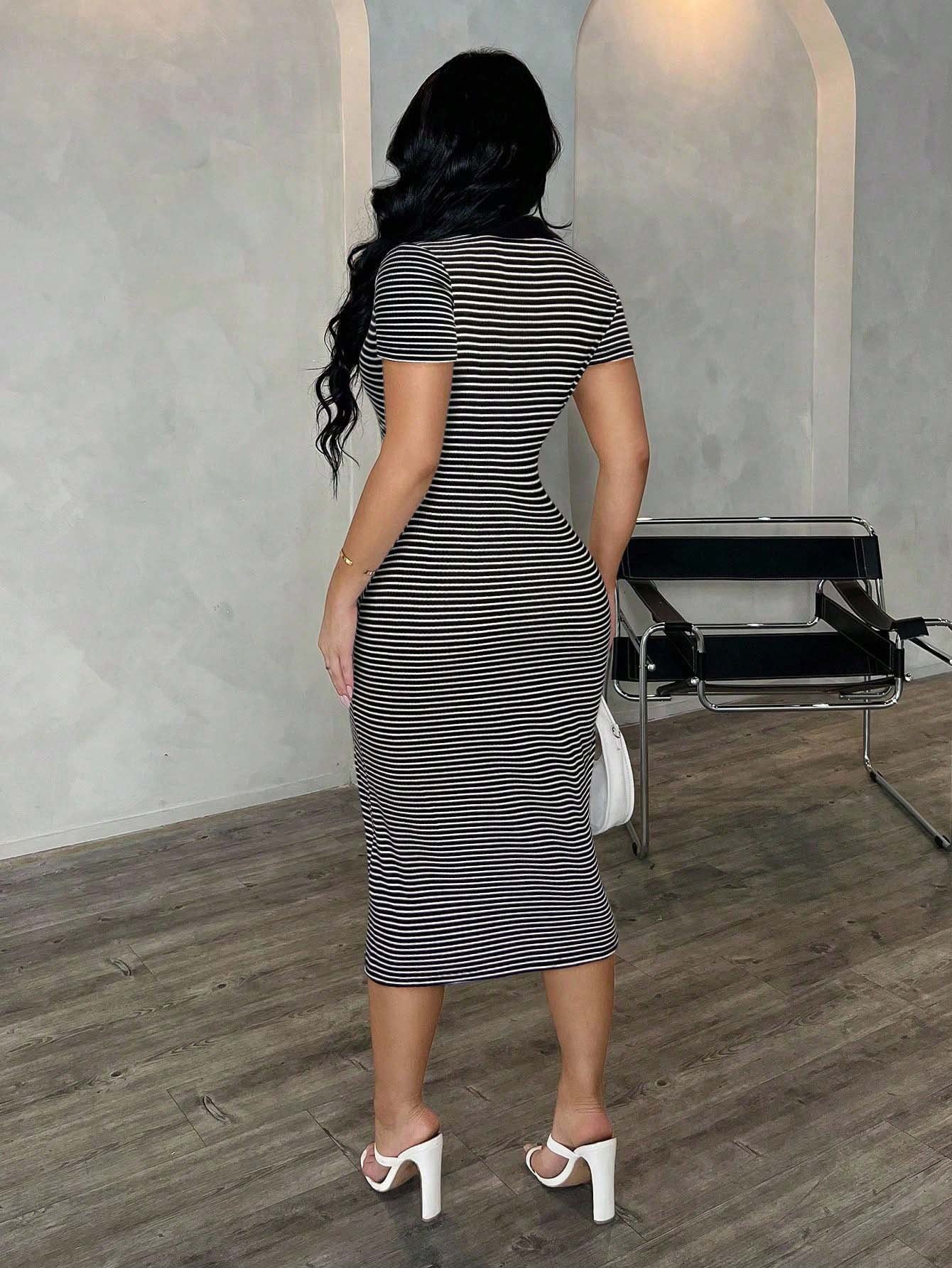 Striped Polo Collar Bodycon Midi Dress Short Sleeve Casual  Wear