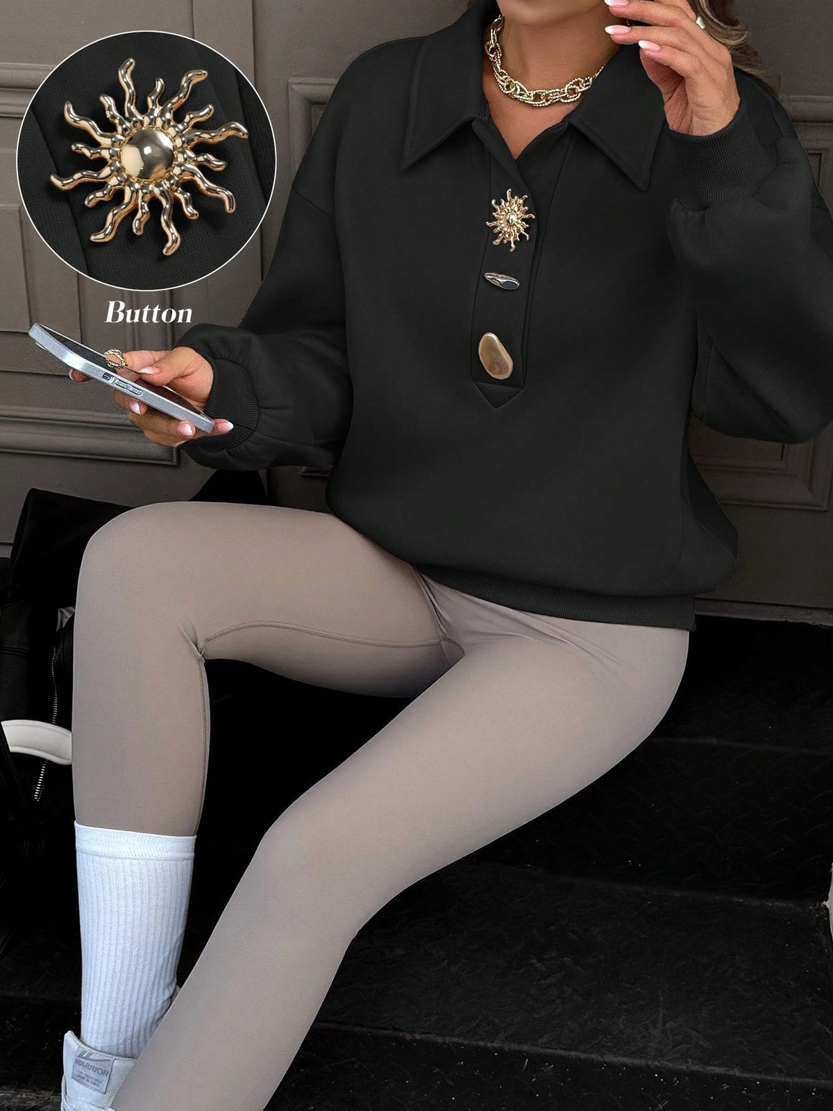 Women's Oversized Collared Half Button Pullover Sweatshirt