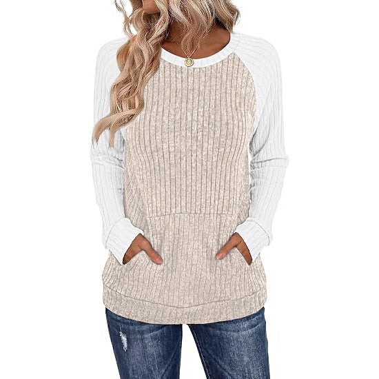 Ribbed Color Block Raglan Long Sleeve Pocket Tunic Top