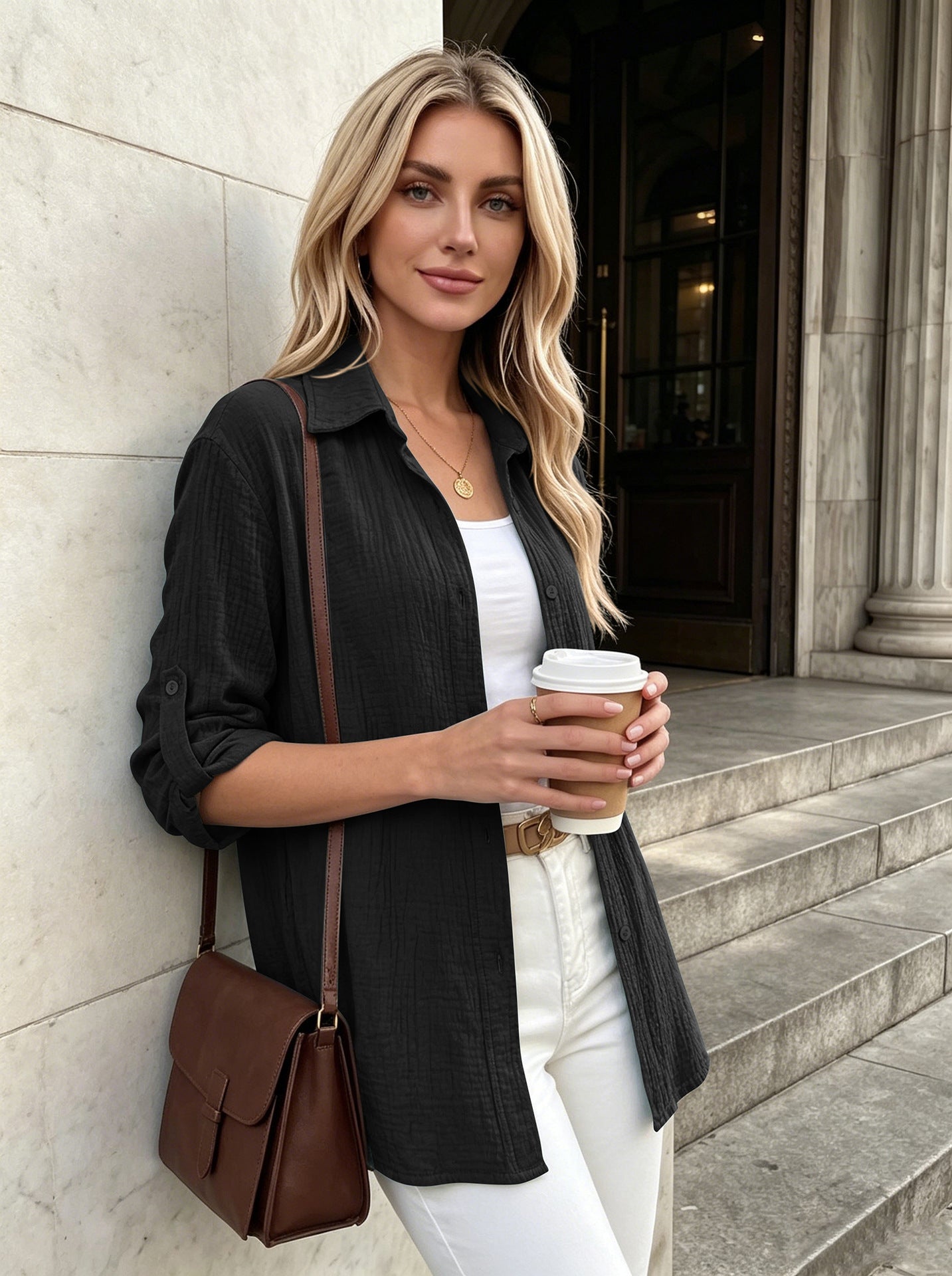 Textured Button Up Long Sleeve Shirt Jacket