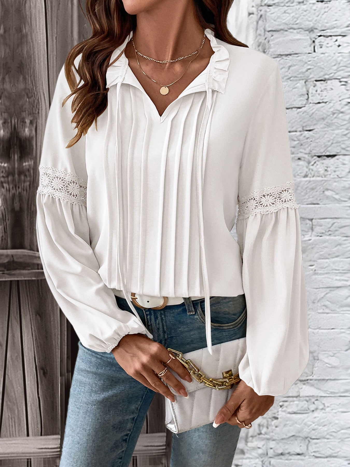 Elegant White Lace V-Neck Pleated Blouse for Spring & Fall