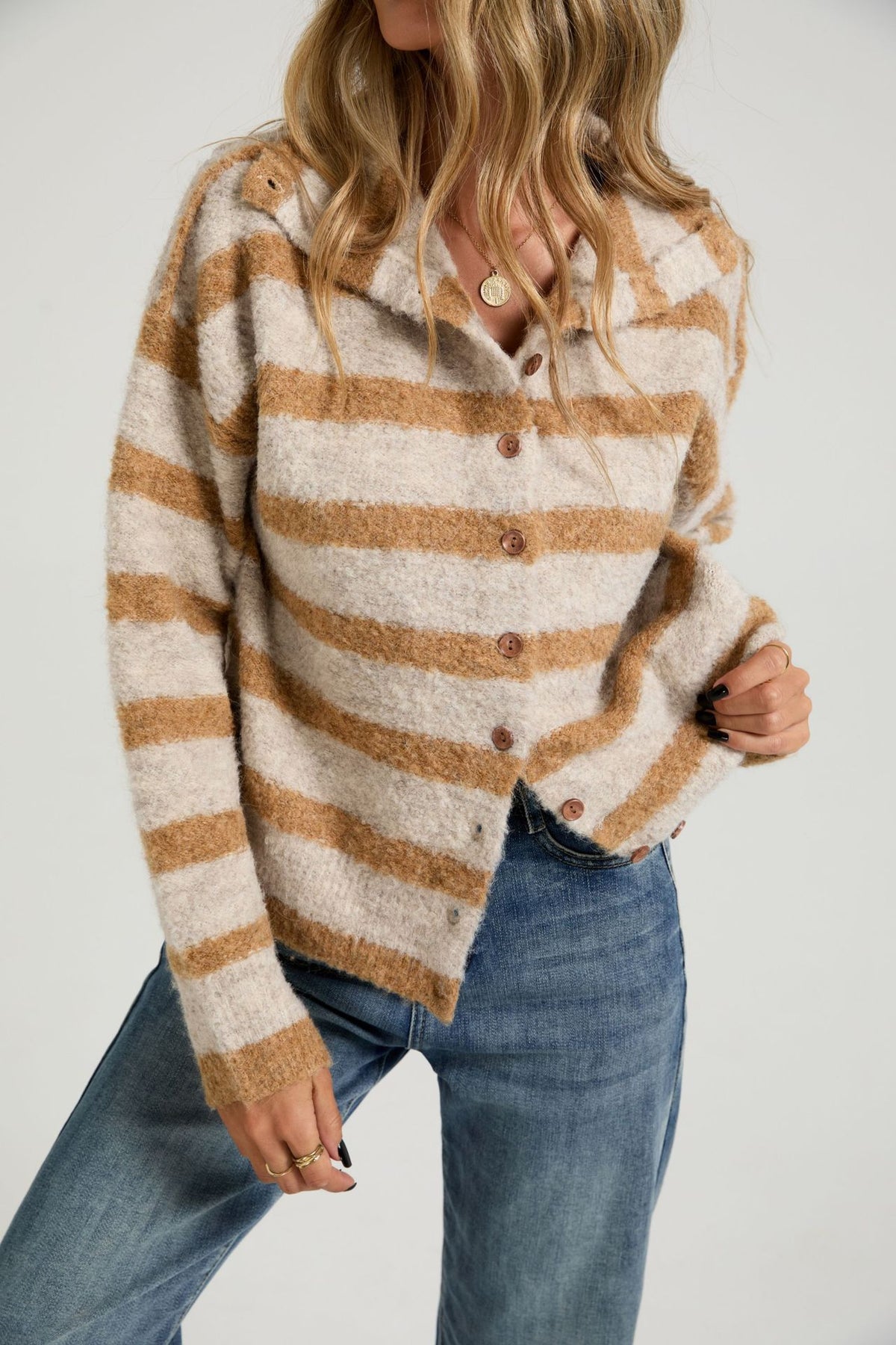 Oversized Striped Chunky Cardigan Button Front Sweater