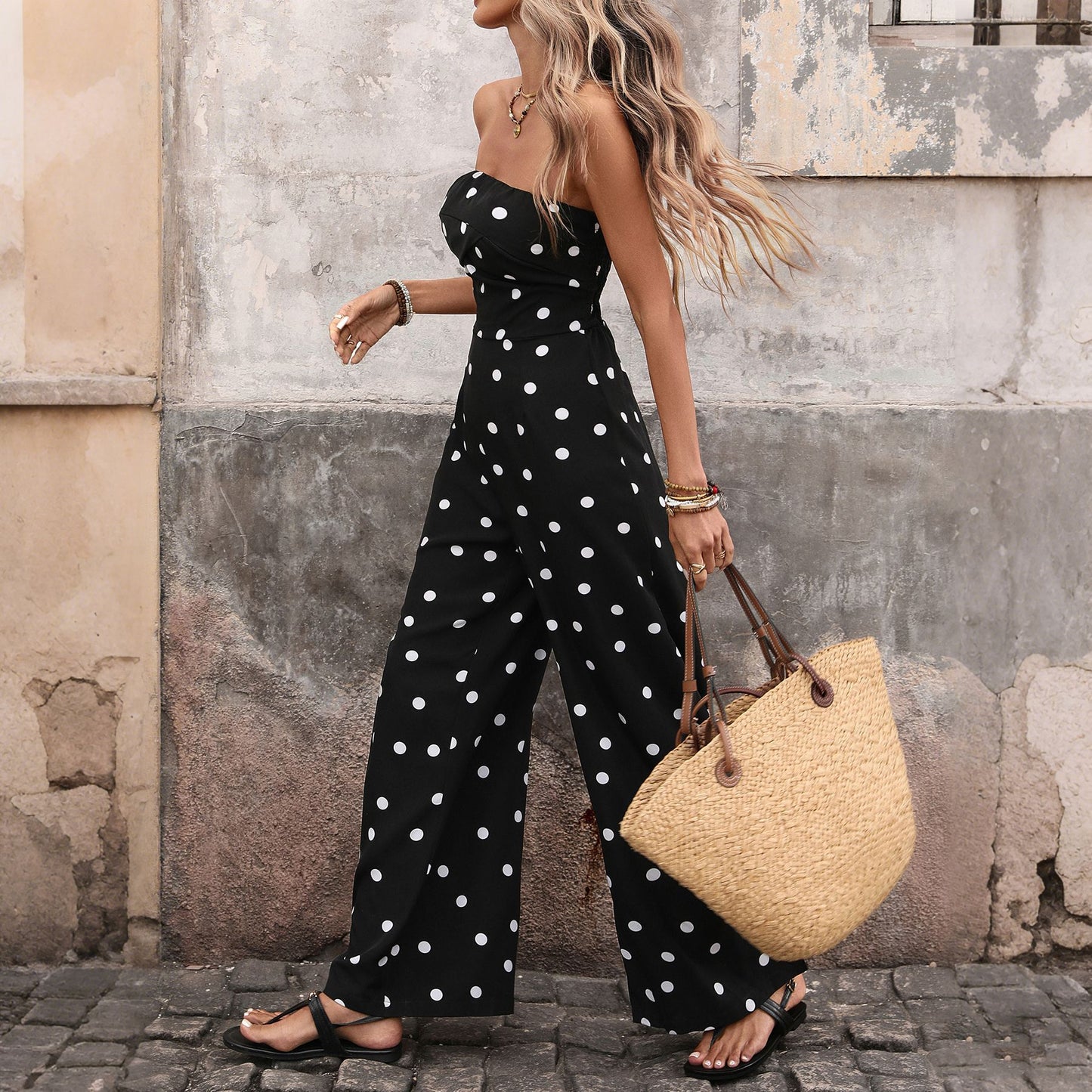 Women's Strapless Polka Dot Wide Leg Jumpsuit
