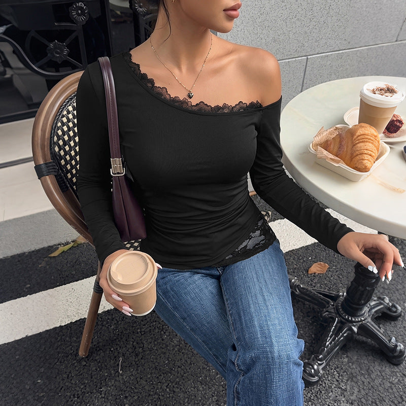 Sexy One Shoulder Lace Trim Fitted Long Sleeve Top