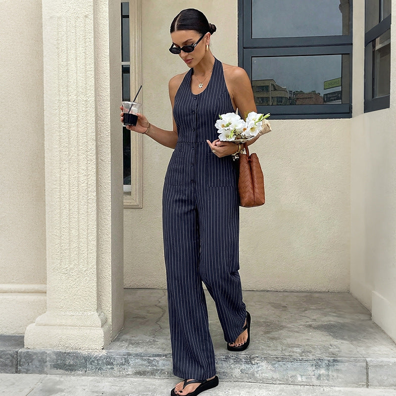 Pinstripe Woven Jumpsuit Workwear Halter Wide Leg