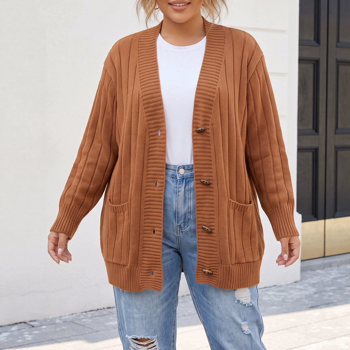 Women's Oversized Ribbed Cardigan Sweater Pockets