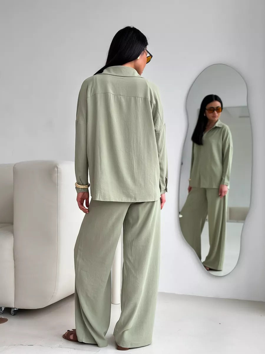 Two Piece Pants Set with Button-Down Shirt & Wide-Leg Pants