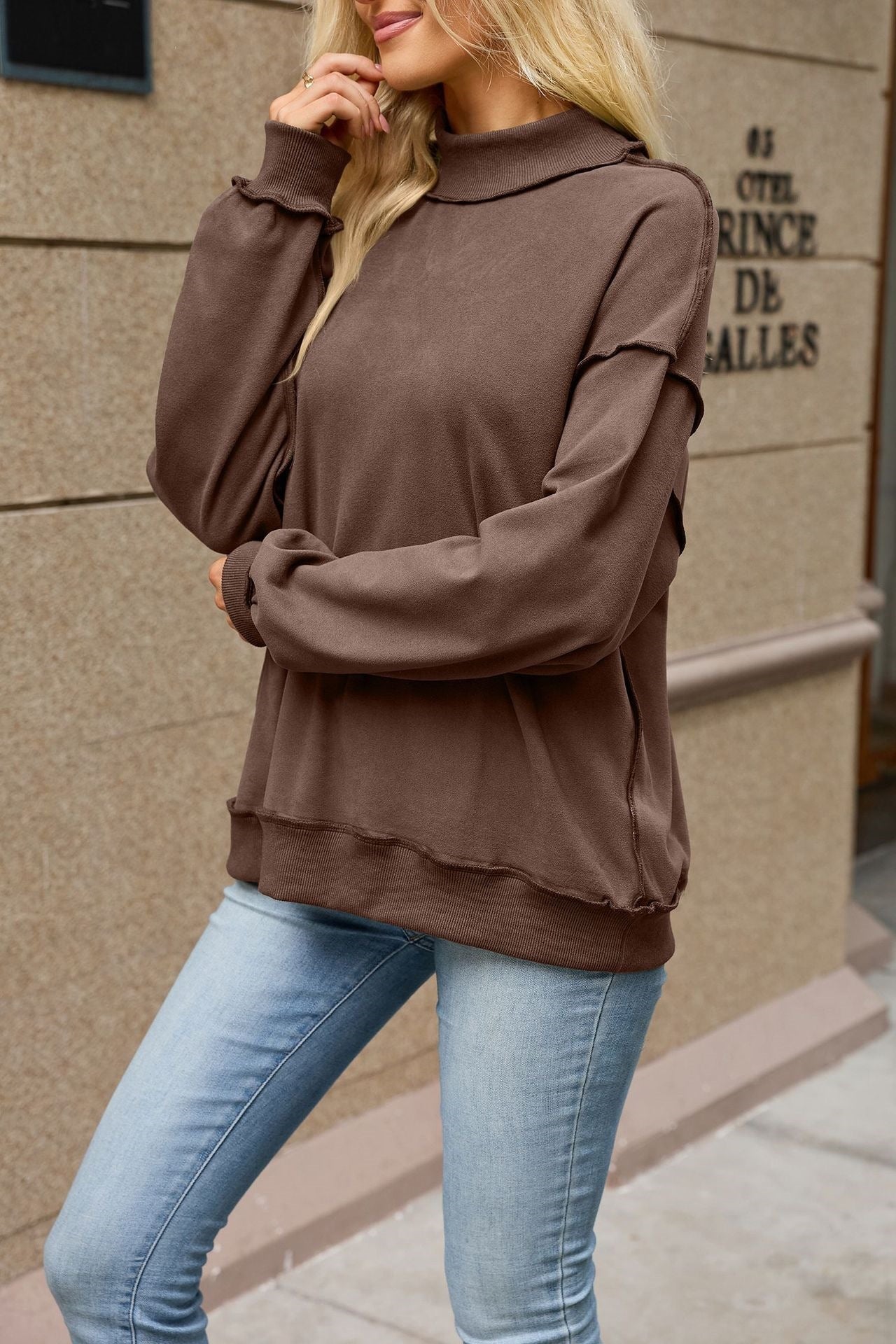 Mock Neck Exposed Seam Oversized Sweatshirt