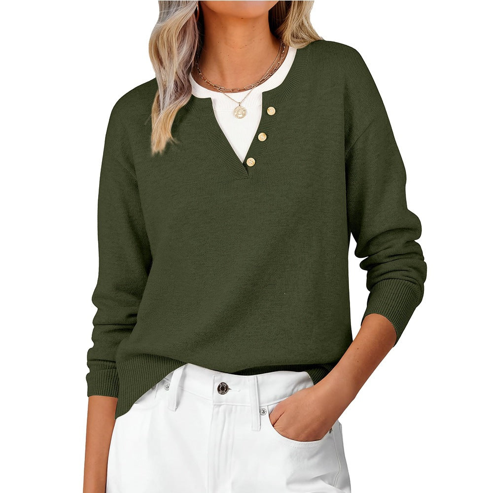 V Neck Button Contrast Knit Sweater Old Money Style