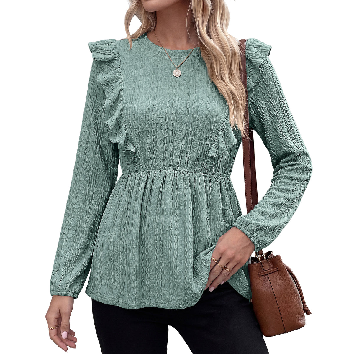 Women's Casual Ruffle Peplum Long Sleeve Crew Neck Blouse