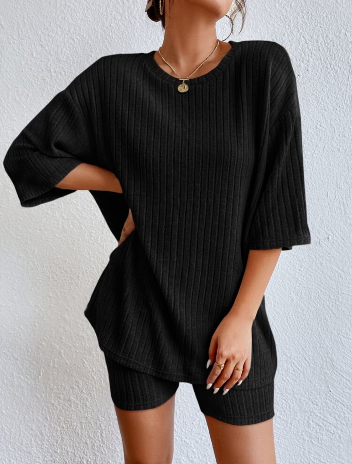Ribbed Knit Two Piece Set Oversized Top & Biker Shorts