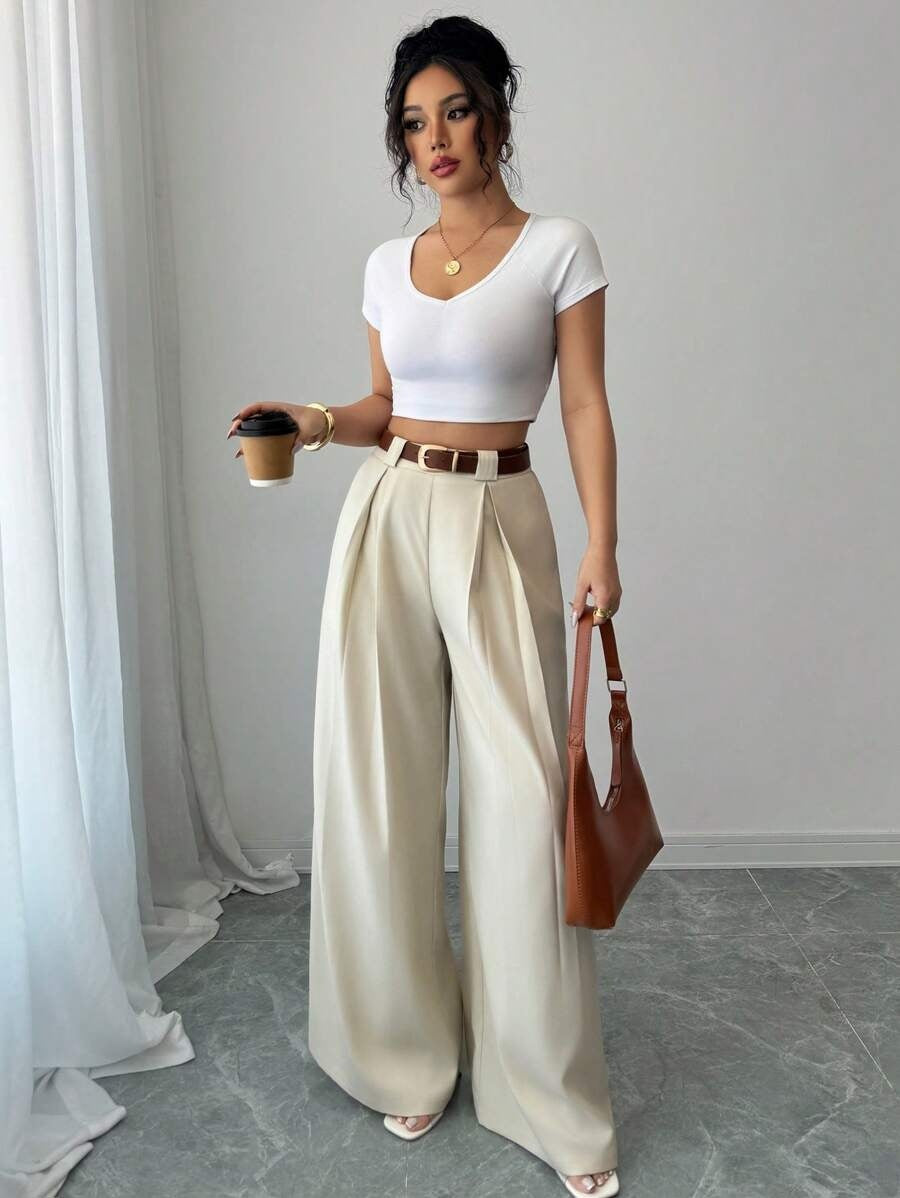 Women's High Waist Pleated Wide Leg Dress Pants