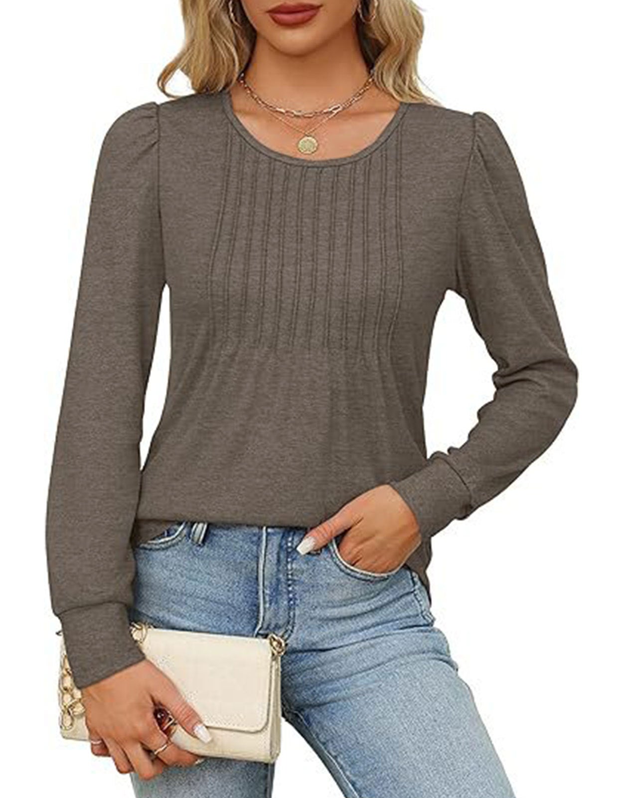Solid Cotton Top Casual Pleated Puff Sleeve