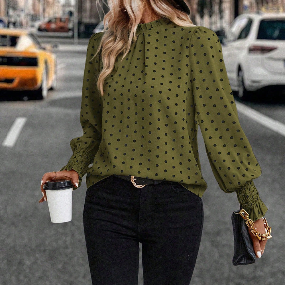 Polka Dot Tie Neck Chiffon Blouse for Women