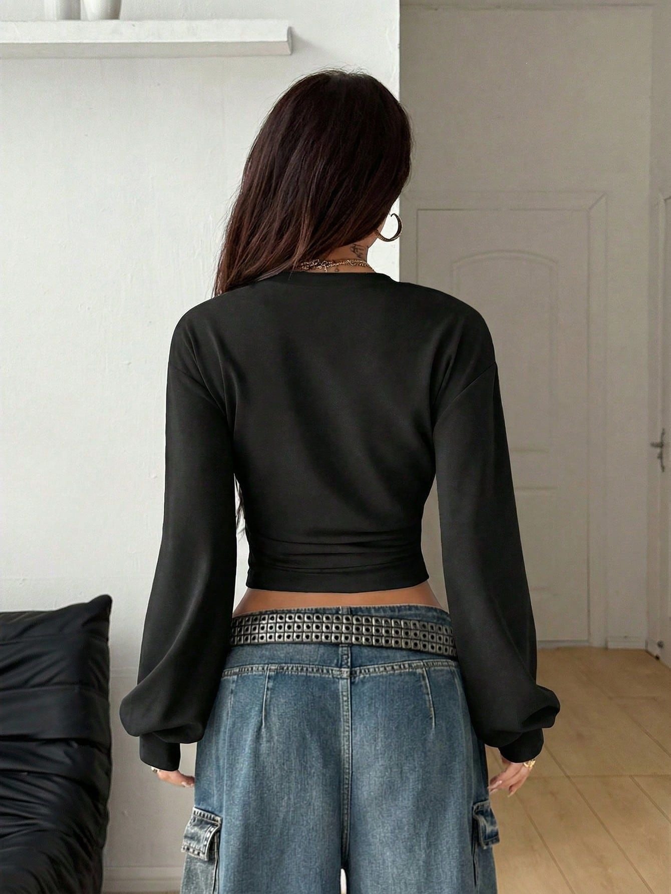 Solid Knit Crop Top Trendy Ruched Long Sleeve Slim Fit
