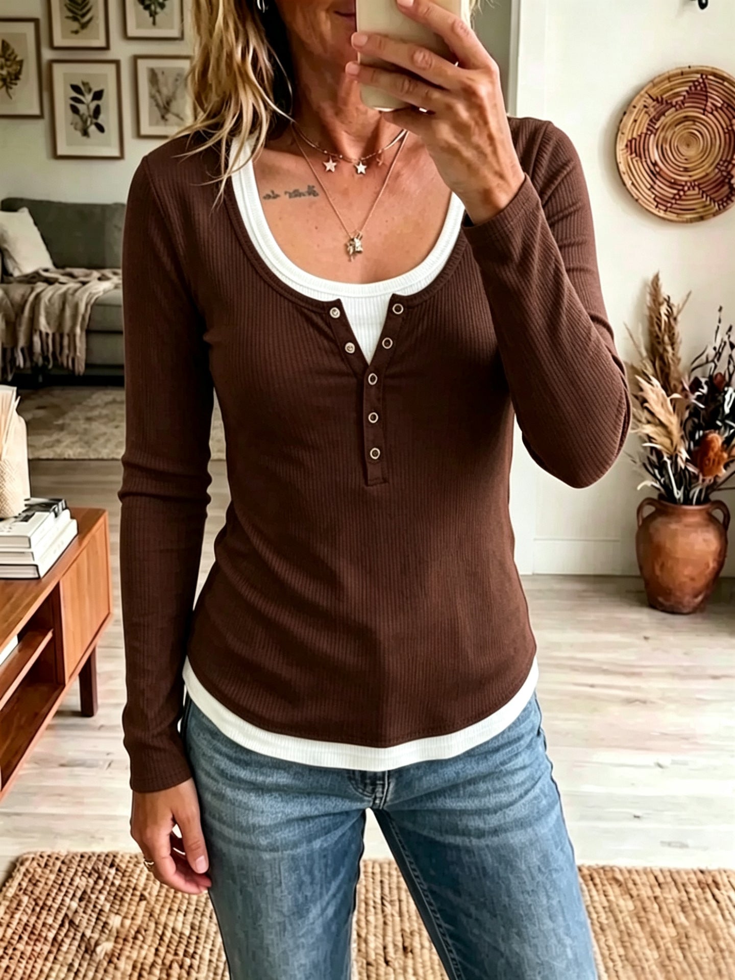 Ribbed Henley Top Layered Look Long Sleeve