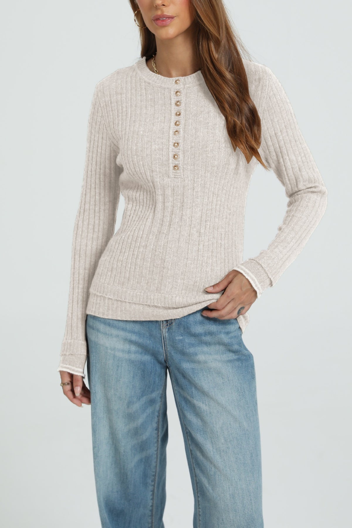 Women's Ribbed Henley Long Sleeve Fitted Sweater