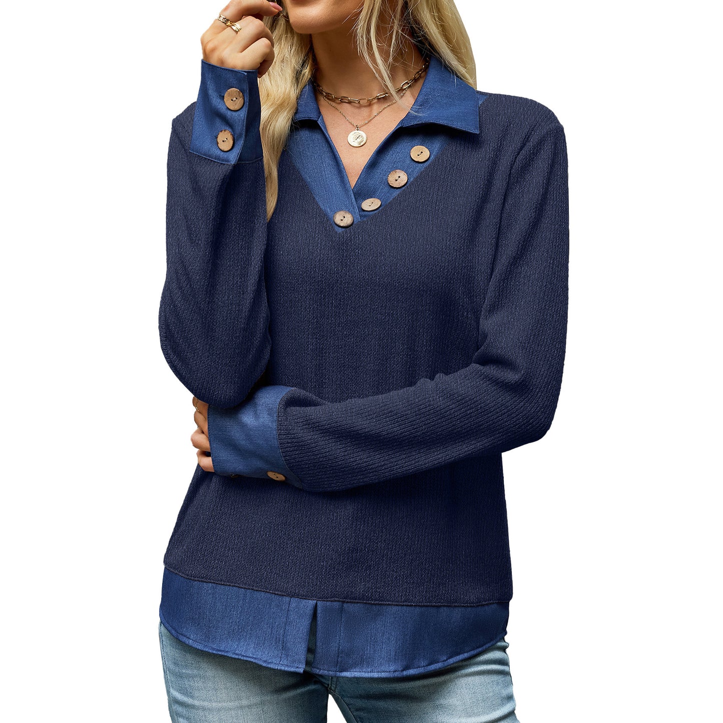 Women's Color Block Denim Collar Pullover Sweatshirt