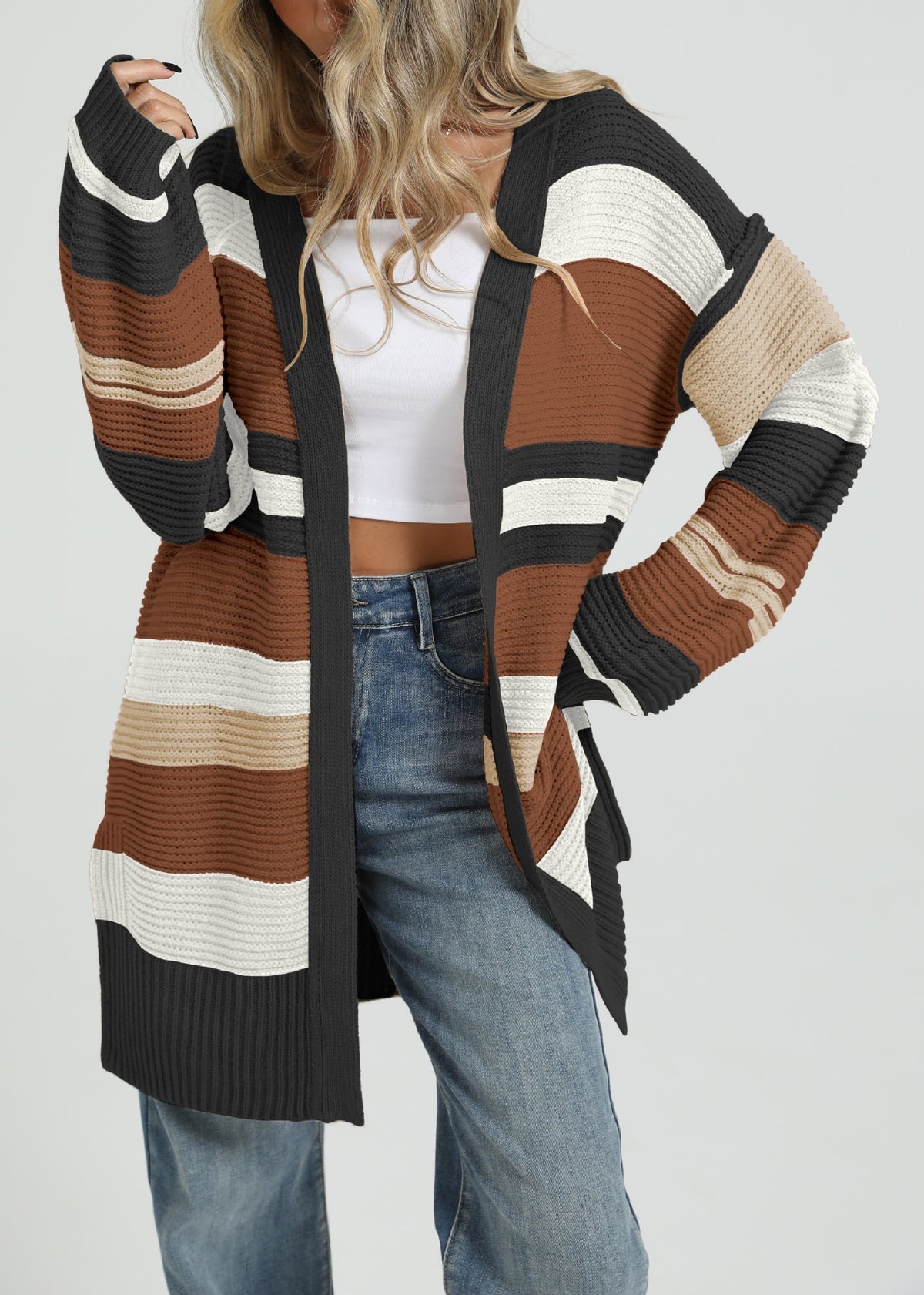 Oversized Color Block Chunky Knit Long Cardigan