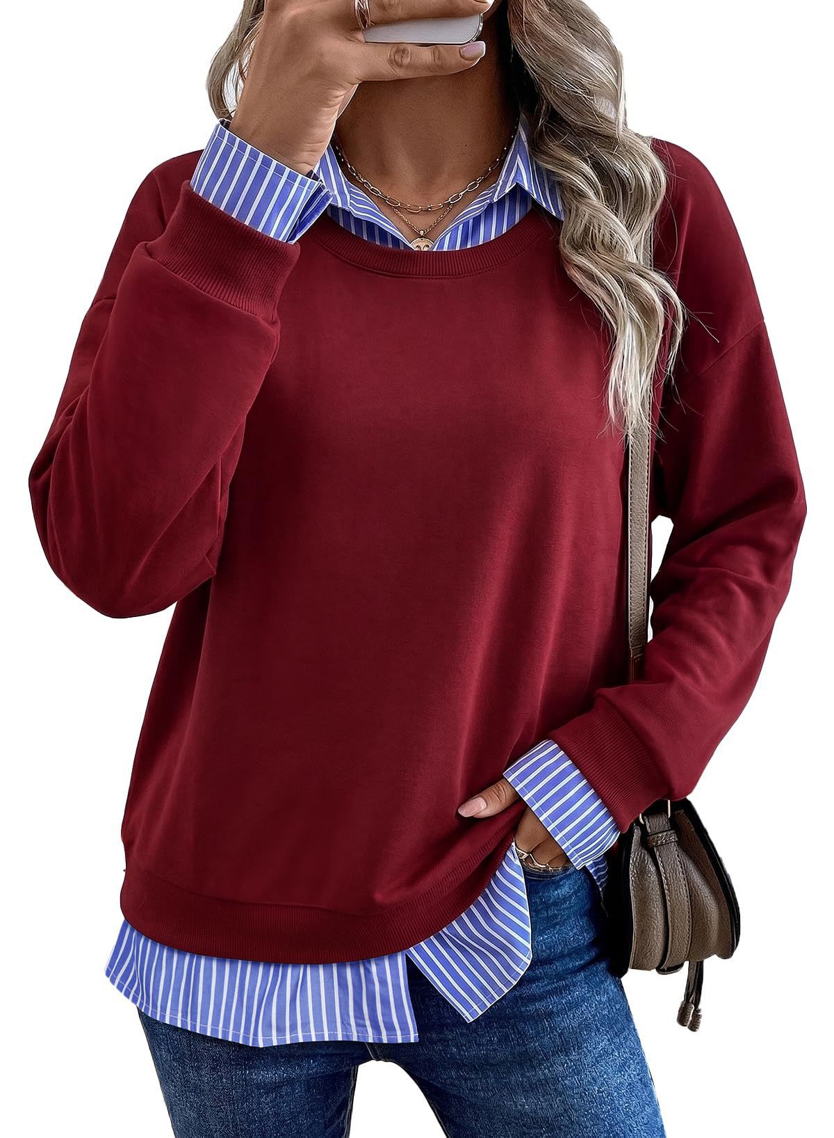Faux Layered Crewneck Sweatshirt Striped Shirt Detail