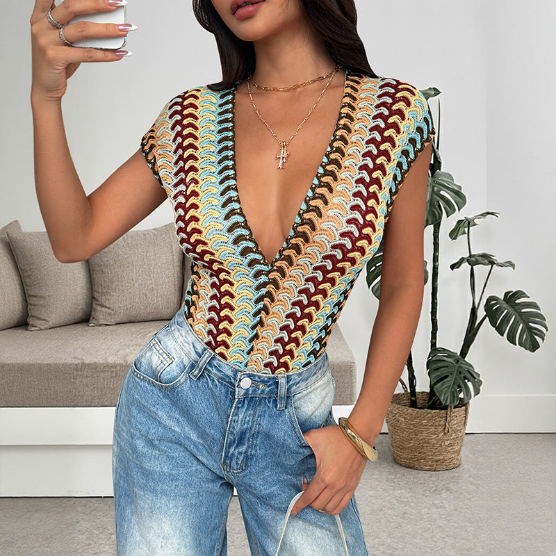 Deep V Neck Boho Print Stretchy Bodysuit Top