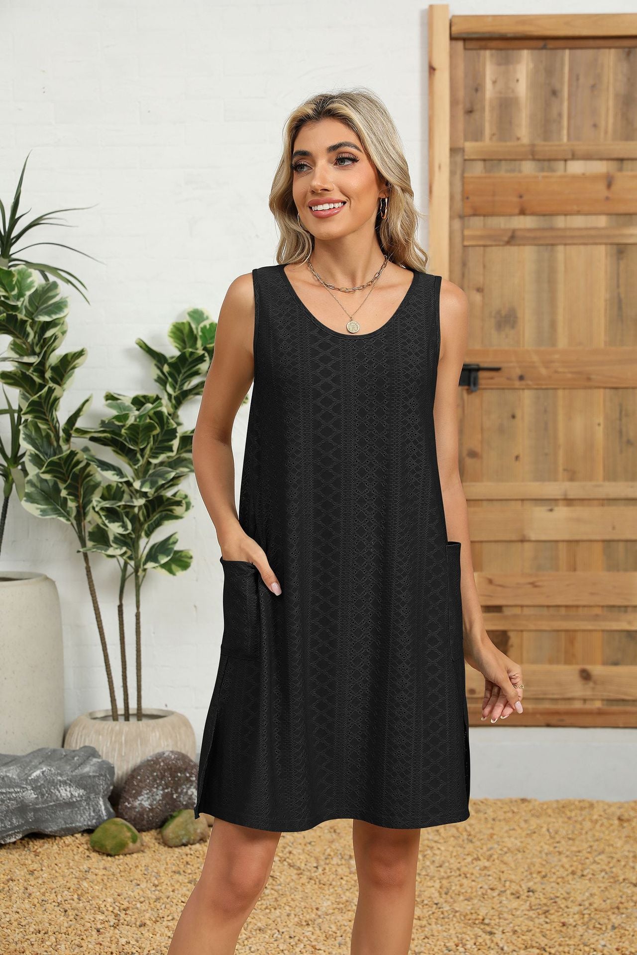 Solid Color Round Neck Tank Dress with Side Pockets