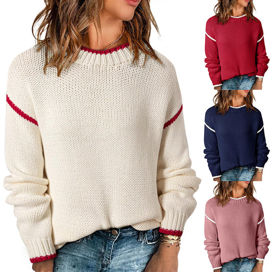 Women’s Casual Color Block Knit Sweater Long Sleeve Pullover