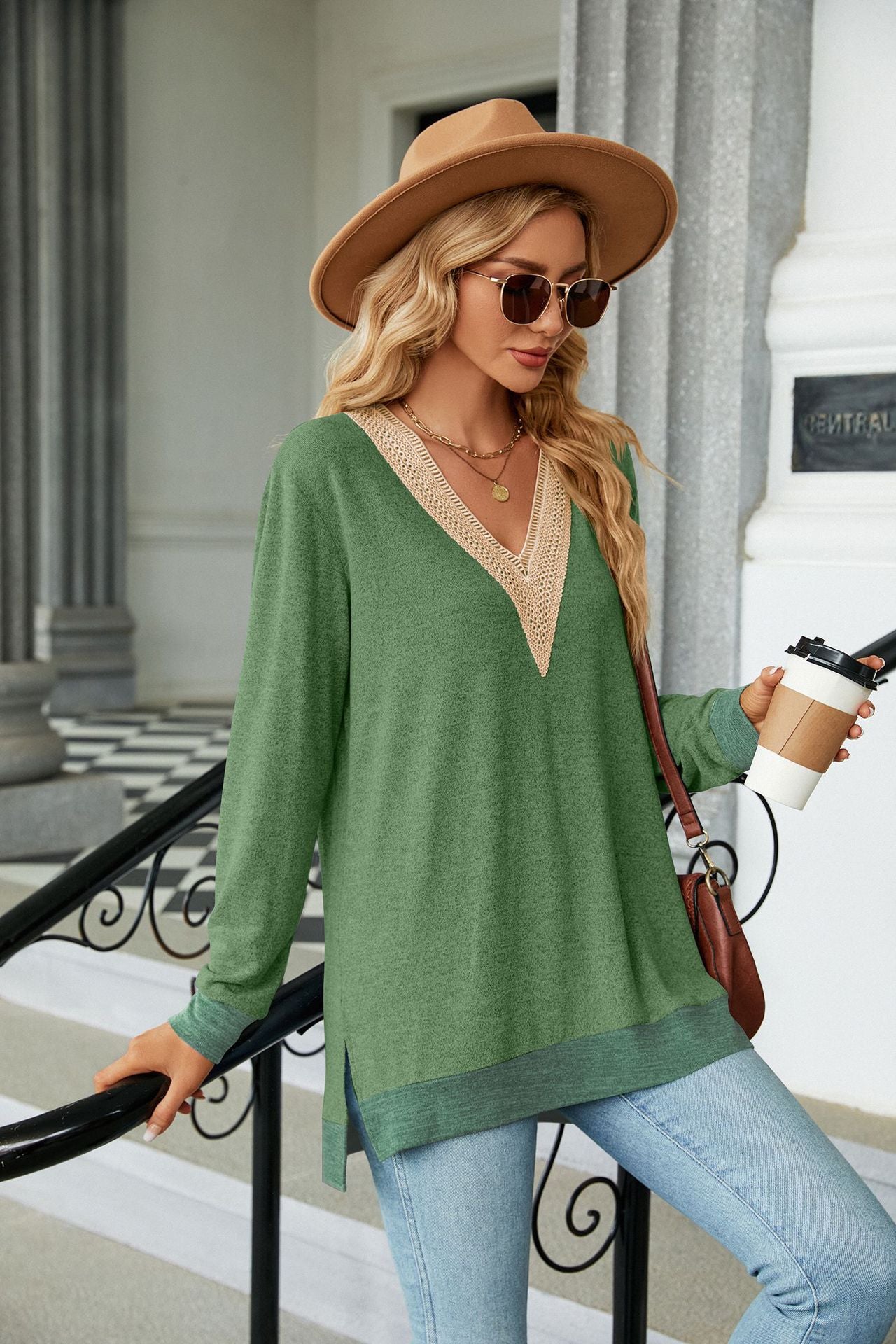 Lace V Neck Color Block Long Sleeve Tunic Top Side Split