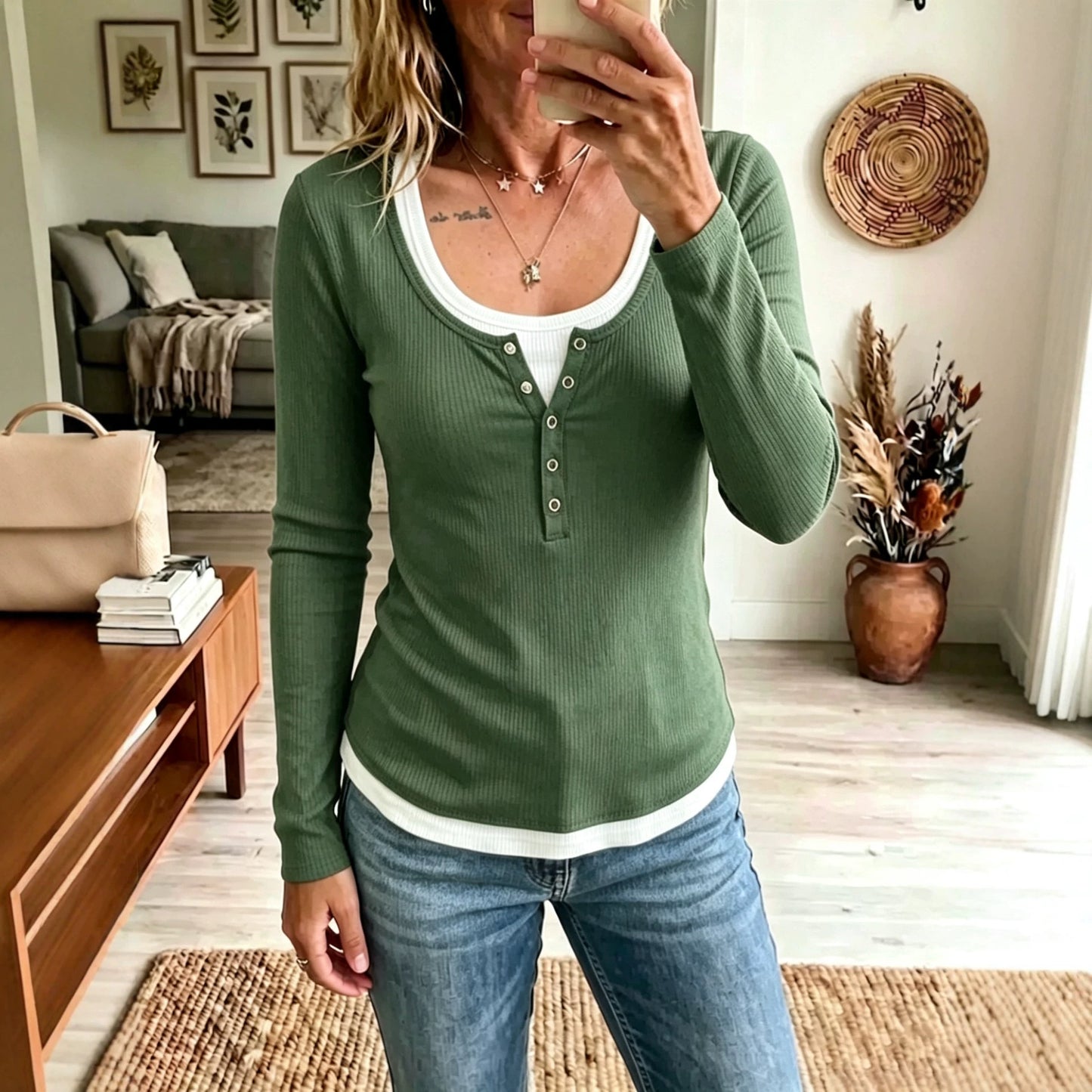 Ribbed Henley Top Layered Look Long Sleeve